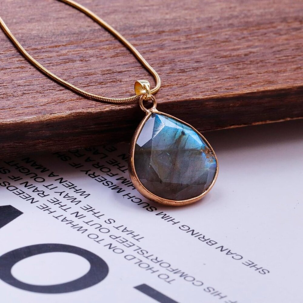 Gold Labradorite Crescent Moon Water Drop Pendant Necklace, Spiritual Jewelry - Picture 6 of 7